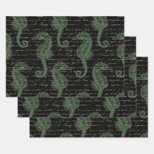 Light Green Seahorses on Black Wrapping Paper Sheet