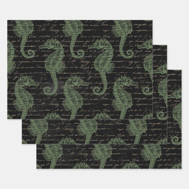 Light Green Seahorses on Black Wrapping Paper Sheet (Set)