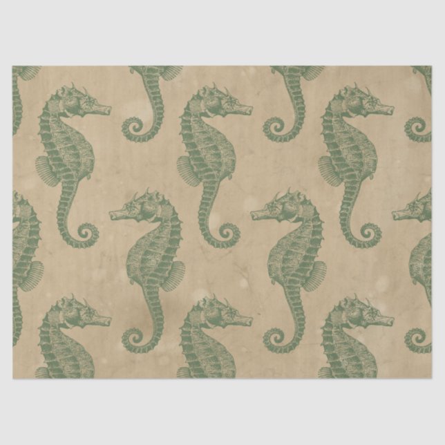 Light Green Seahorses on Tan Decoupage Tissue Paper (Front)