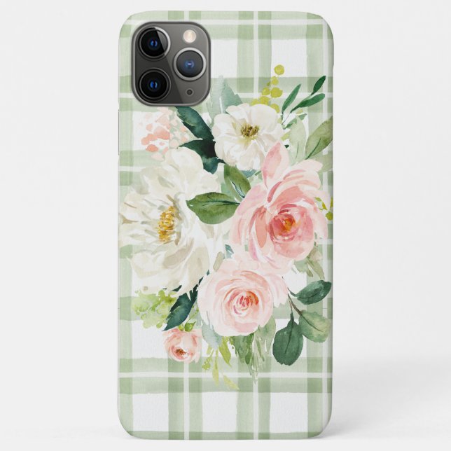 Light Green Shabby Plaid Pink White Floral Case-Mate iPhone Case (Back)