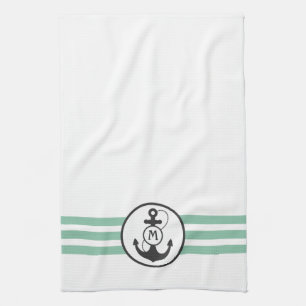 Light Green Stripes with Anchor Monogram Kitchen Towel