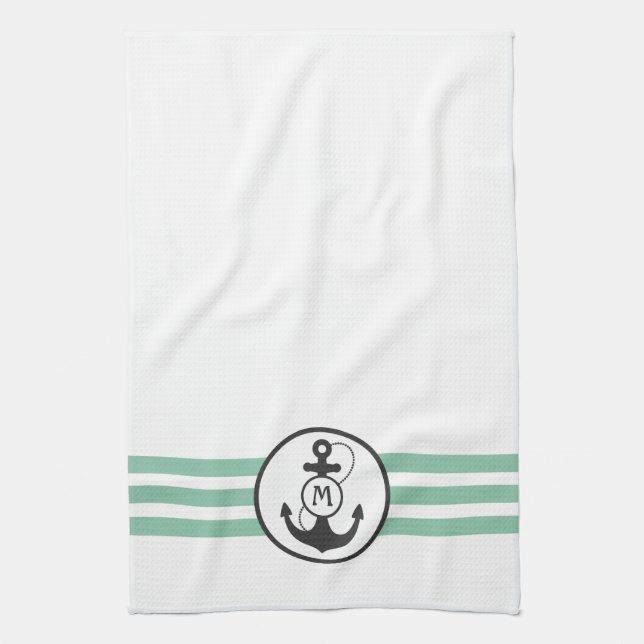Light Green Stripes with Anchor Monogram Kitchen Towel (Vertical)