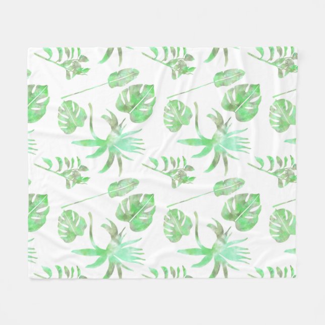 Light Green Tropical Watercolor Leaf Fleece Blanke Blanket (Front (Horizontal))