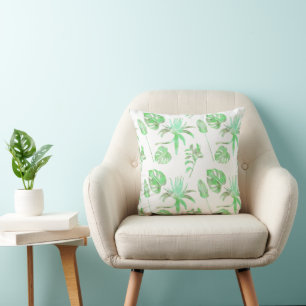 Light Green Watercolor Tropical Leaf Throw Pillow