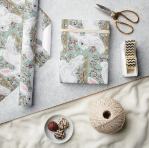 Light Green White Bunny Rabbit Christmas Gift Wrap
