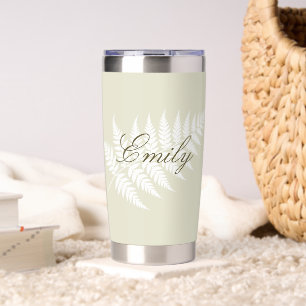 Light Green White Fern Personalized Name Silver Insulated Tumbler