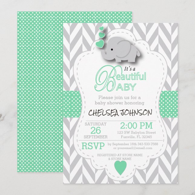 Light Green, White Grey Elephant Baby Shower Invitation (Front/Back)