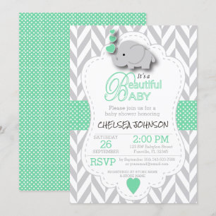 Light Green, White Grey Elephant Baby Shower Invitation