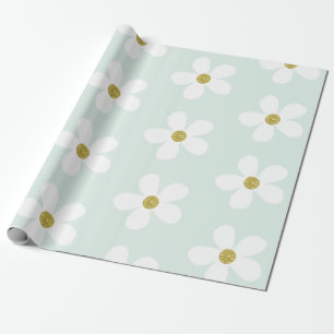 Light Green White Simple Daisy Gold Wrapping Paper