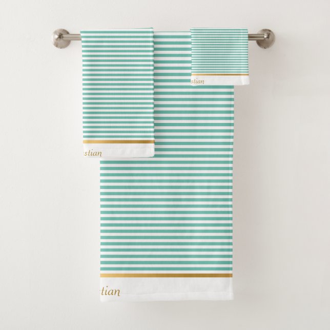 LIGHT GREEN WHITE STRIPED PATTERN TRIM TOWEL SET (Insitu)