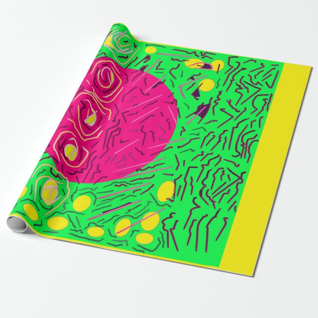Light green with pink globe and lines design wrapping paper (Unrolled)