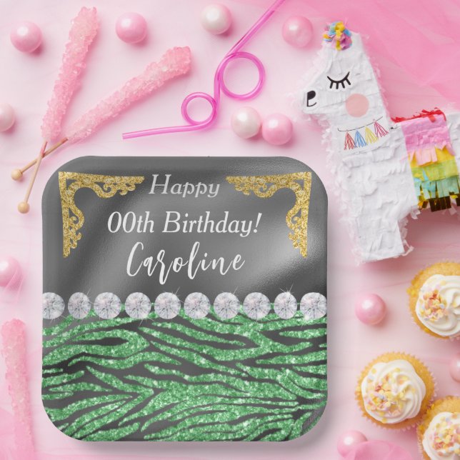 Light Green Zebra Print & Gold Silver Birthday Paper Plate (Party)