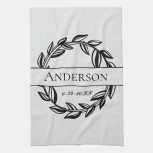 Light Grey and Black Leaf Family Name Wedding Date Kitchen Towel