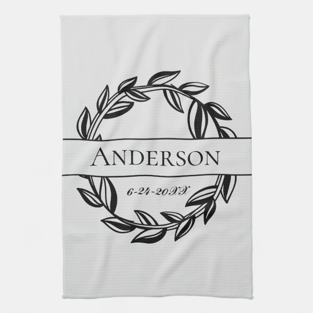 Light Grey and Black Leaf Family Name Wedding Date Kitchen Towel (Vertical)