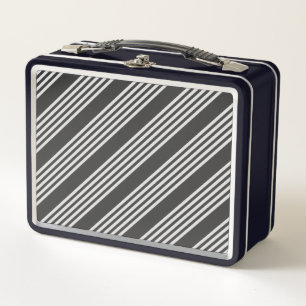 Light grey and charcoal five stripes pattern metal lunch box