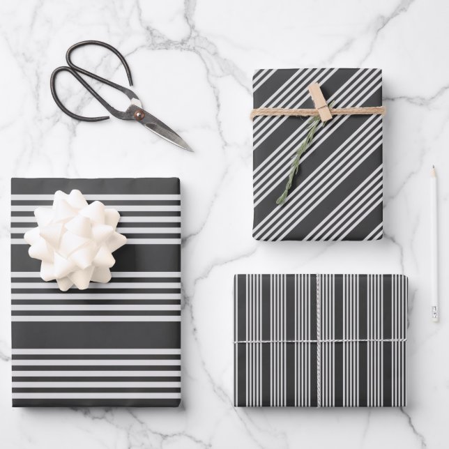 Light grey and charcoal five stripes pattern wrapping paper sheet (Front)