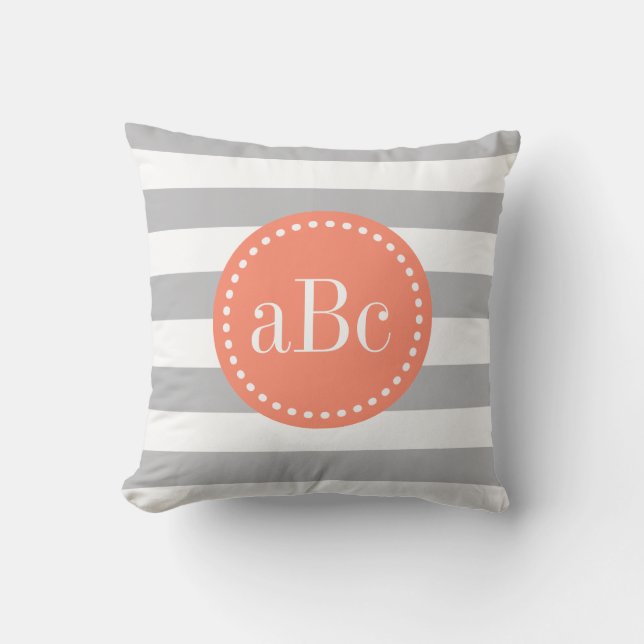 Light Grey and Coral Monogram Throw Pillow (Front)