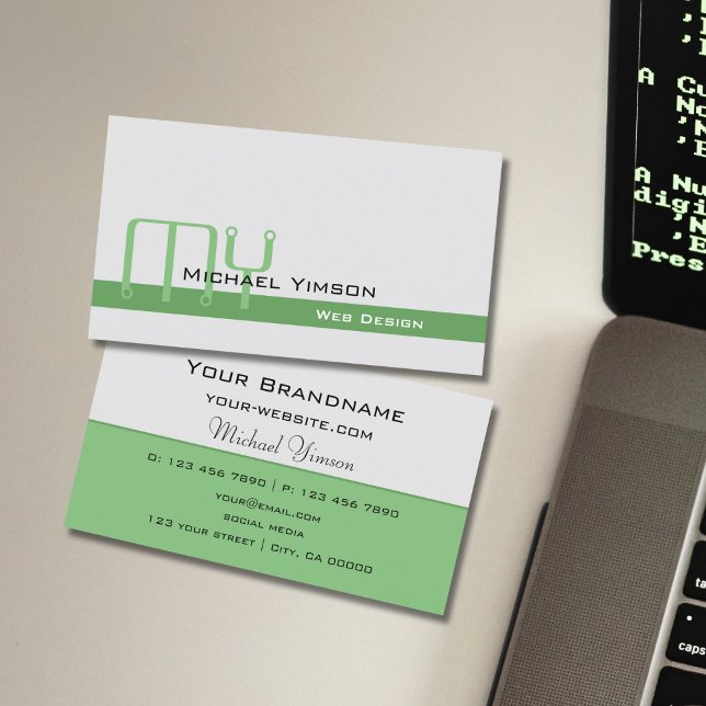 Light Grey and Green with Monogram Professional Business Card (Creator Uploaded)