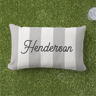 Light Grey and White Cabana Stripes Monogrammed Lumbar Pillow