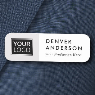 Light grey and white custom logo, name and title name tag