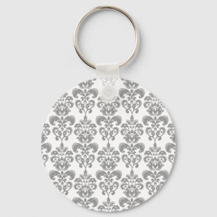 LIGHT GREY AND WHITE DAMASK PATTERN 2 KEYCHAIN