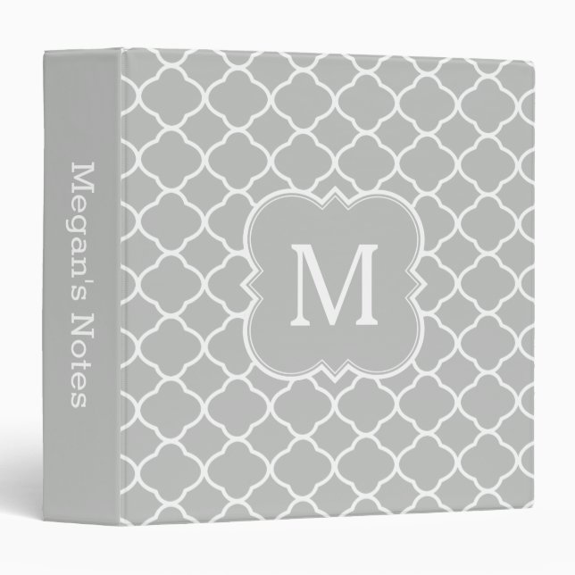 Light Grey and White Monogram Quatrefoil Pattern Binder (Front/Spine)