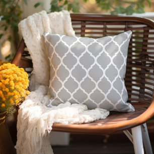 Light Grey and White Moroccan Pattern Outdoor Pillow