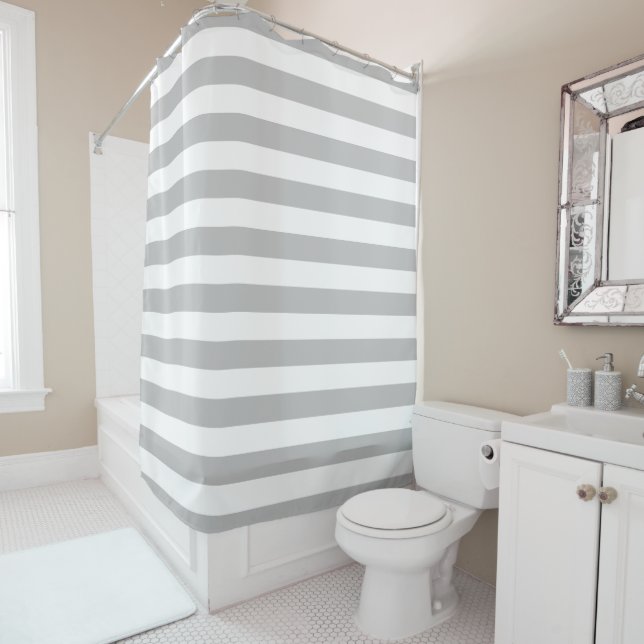Light Grey and White Stripes Shower Curtain (In Situ)