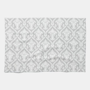 Light Grey and White Vintage Damask Pattern Kitchen Towel