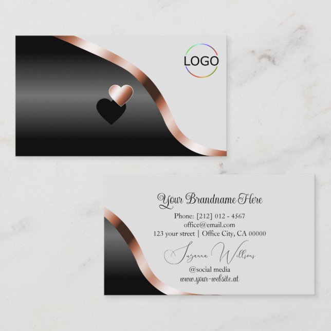Light Grey Black Wavy Rose Gold Decor Hearts Logo Business Card (Front/Back)
