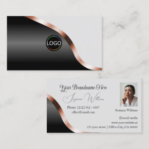 Light Grey Black Wavy Rose Gold Decor Logo Photo Business Card