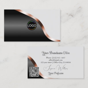 Light Grey Black Wavy Rose Gold Decor Logo QR Code Business Card