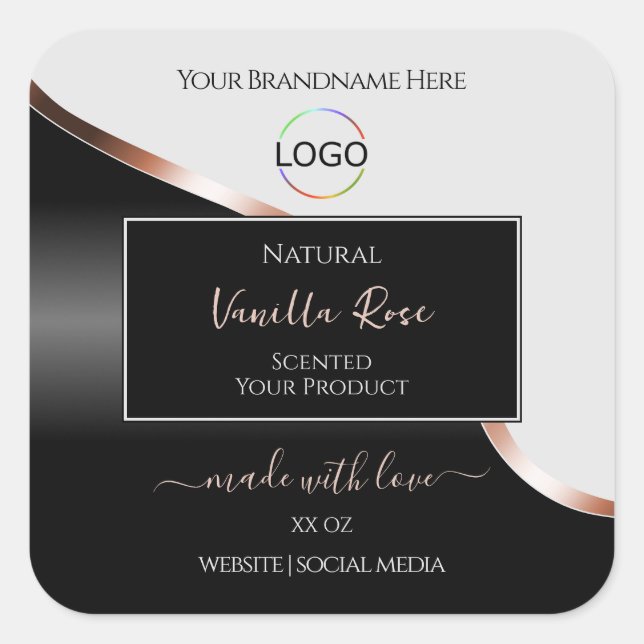 Light Grey Black Wavy Rose Gold Labels with Logo (Front)