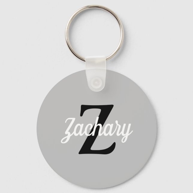 Light Grey Black White Retro Monogram Personalized Keychain (Front)