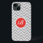 Light Grey Chevron Pattern Linen Texture Monogram iPhone 13 Case<br><div class="desc">Elegant light grey and white retro chevron geometric seamless pattern with linen texture and customizable and optional monogram. Touch of orange-red.</div>