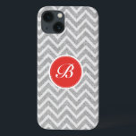 Light Grey Chevron Pattern Linen Texture Monogram iPhone 13 Case<br><div class="desc">Elegant light grey and white retro chevron geometric seamless pattern with linen texture and customizable and optional monogram. Touch of orange-red.</div>