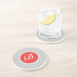 Light Grey Chevron Pattern Linen Texture Monogram Coaster