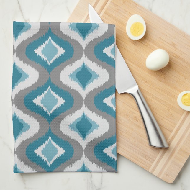 Light Grey Dark Teal Blue Green Ikat Ogee Pattern Kitchen Towel (Quarter Fold)