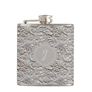 Light Grey Faux Tooled Leather Vinyl Hip Flask