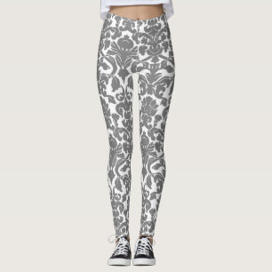 Light Grey Floral Ornate Damask Pattern Leggings