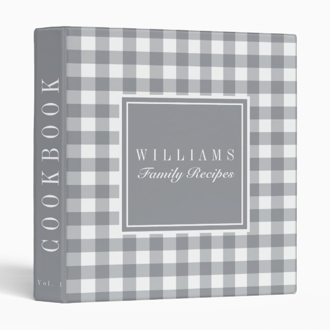 Light Grey Gingham Family Recipe Cookbook Binder (Front/Spine)