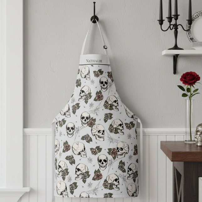 Light Grey Gothic Skulls and Roses Custom Name Apron (Gothic Halloween or Dia de los Muertos Floral Skull Apron for Her. Skulls, Roses & Webs Fall Pattern)