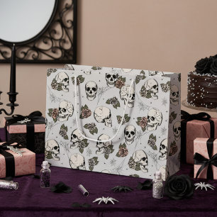 Light Grey Gothic Skulls and Roses Halloween Large Gift Bag