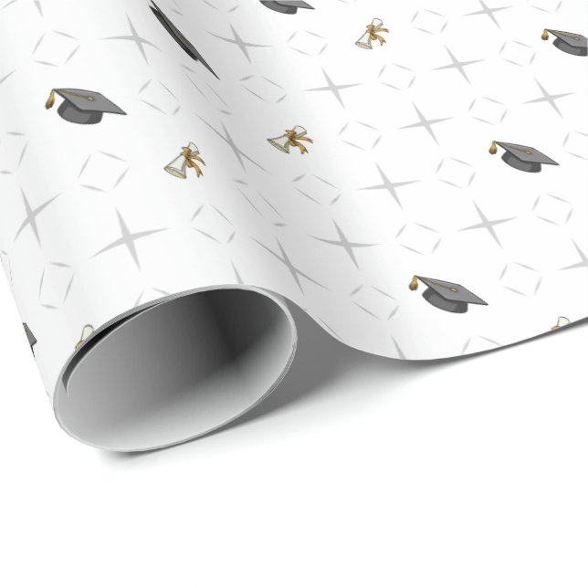 Light Grey Graduation Caps and Diploma Pattern Wrapping Paper (Roll Corner)