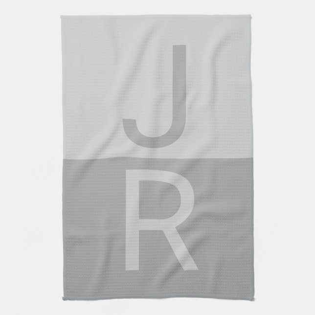 Light Grey & Grey Modern Initials Monogram Kitchen Towel (Vertical)