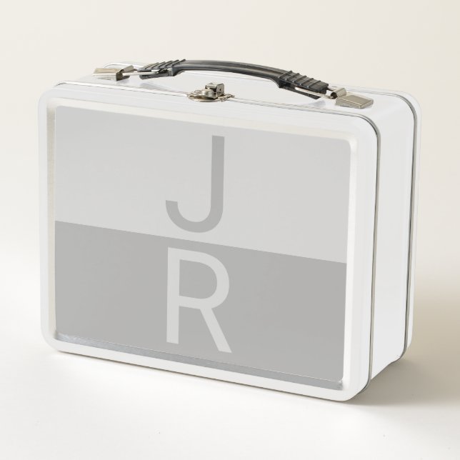 Light Grey & Grey Modern Initials Monogram Metal Lunch Box (Front)
