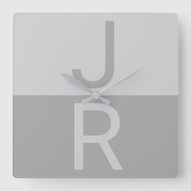 Light Grey & Grey Modern Initials Monogram Square Wall Clock (Front)