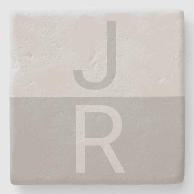 Light Grey & Grey Modern Initials Monogram Stone Coaster (Front)
