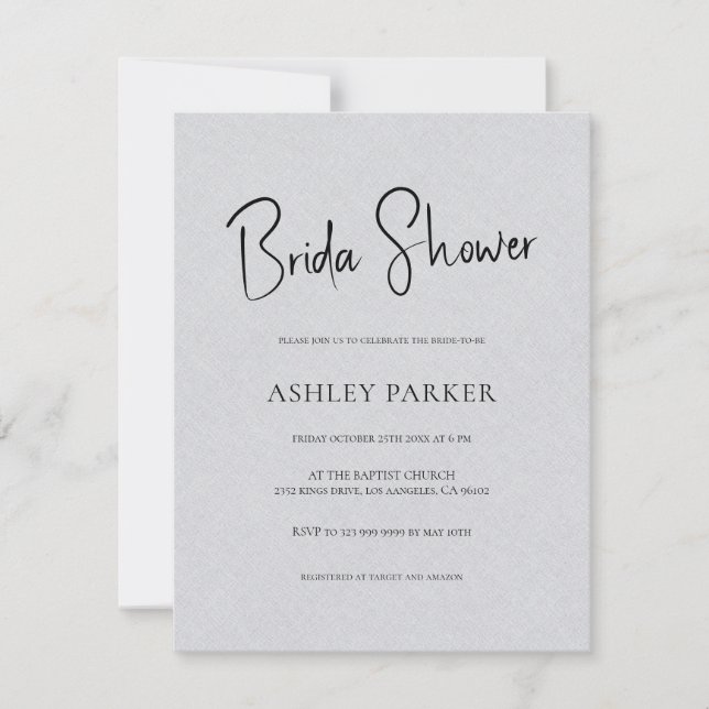 Light Grey Linen Simple Black Script Bridal Shower Invitation (Front)