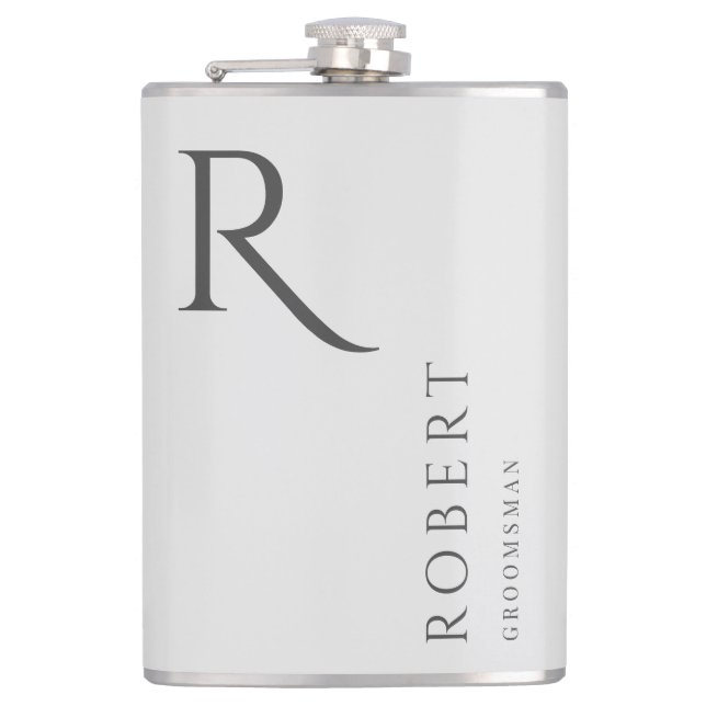 Light Grey Masculine Monogram Groomsmen Gift Hip Flask (Front)